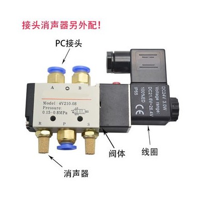 AIRTAC亚德客4v210-08电磁阀气阀220v二位五通换向阀24v线圈气缸