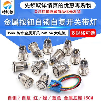 19mm金属按钮开关 自锁自复 5A 24V带灯防水金属按键开关 220V图2