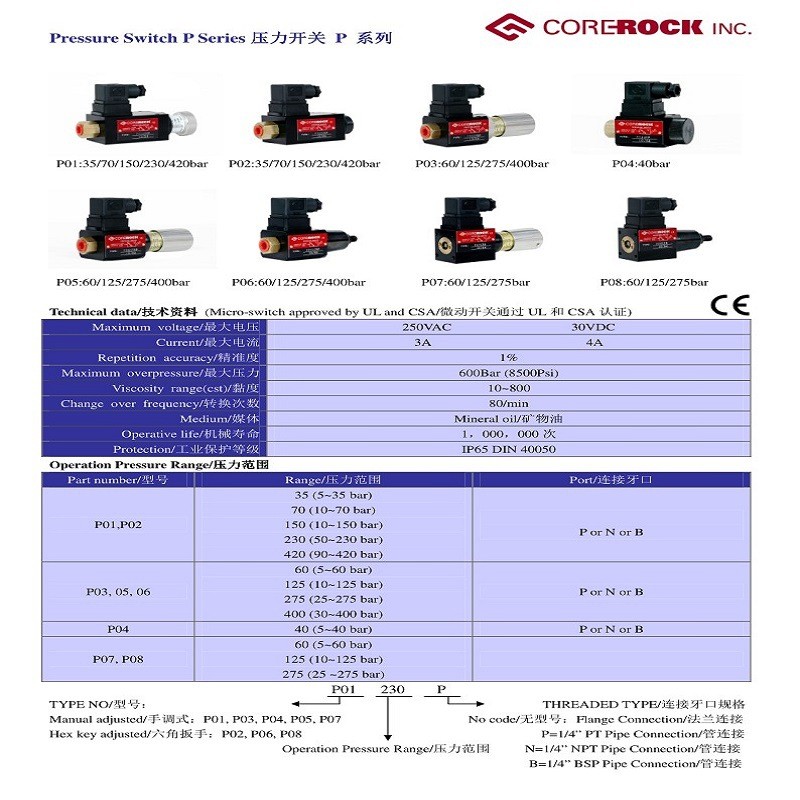 台湾COREROCK原装进口机械式可调压力开关 液压油压压力开关图4