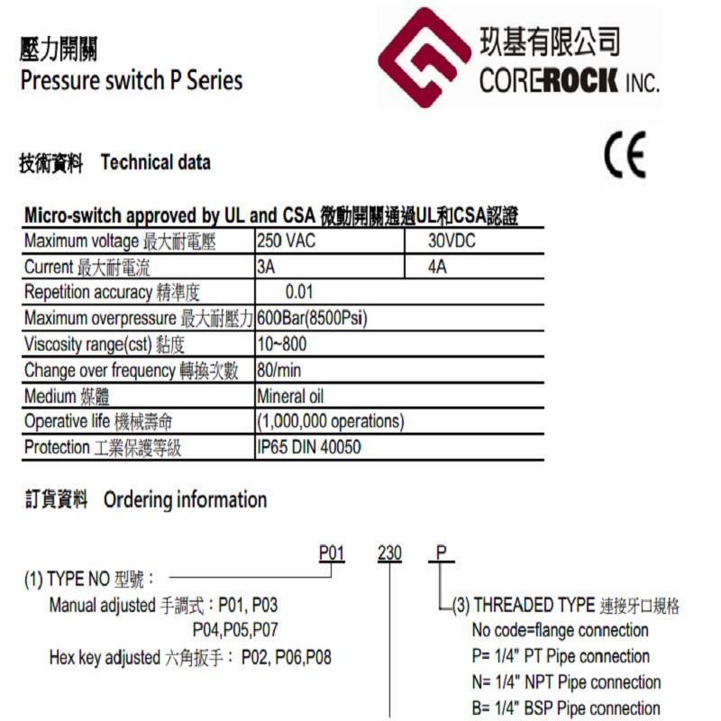 原装进口台湾COREROCK 机械式压力开关P01230P 液压油压开关水泵图5