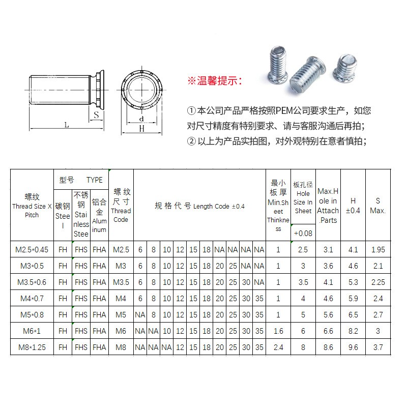 FH-M6-6~30 碳钢镀锌压铆螺钉压铆螺丝压板螺钉机箱钣金螺丝图3