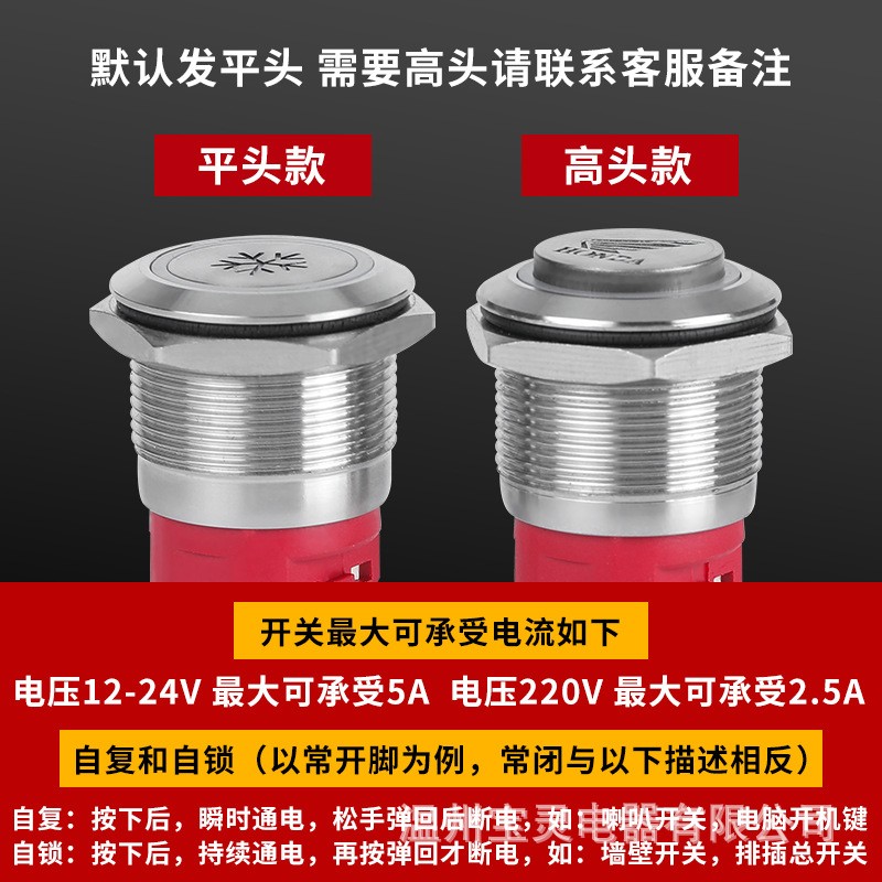 厂家供应带灯16 19 22mm防水自锁复位点动12 24 220v金属按钮开关图4