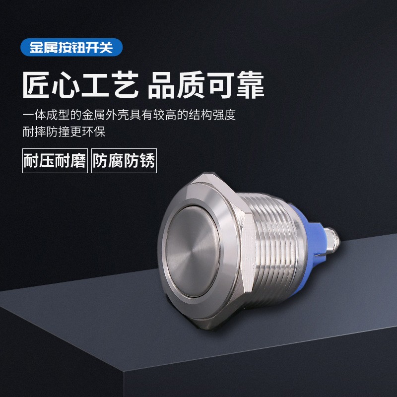 QN19-A 19MM平头高头弧面防水金属按钮开关2脚自复位螺丝脚银点图2
