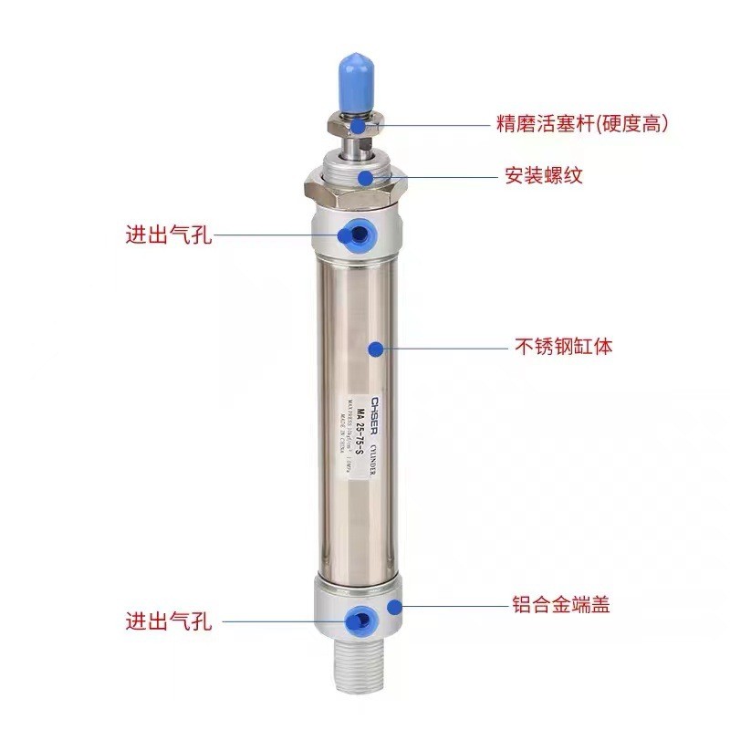 不锈钢迷你气缸MA20*25/50/75/100/125/150/175/200/250/300-S-CA图5