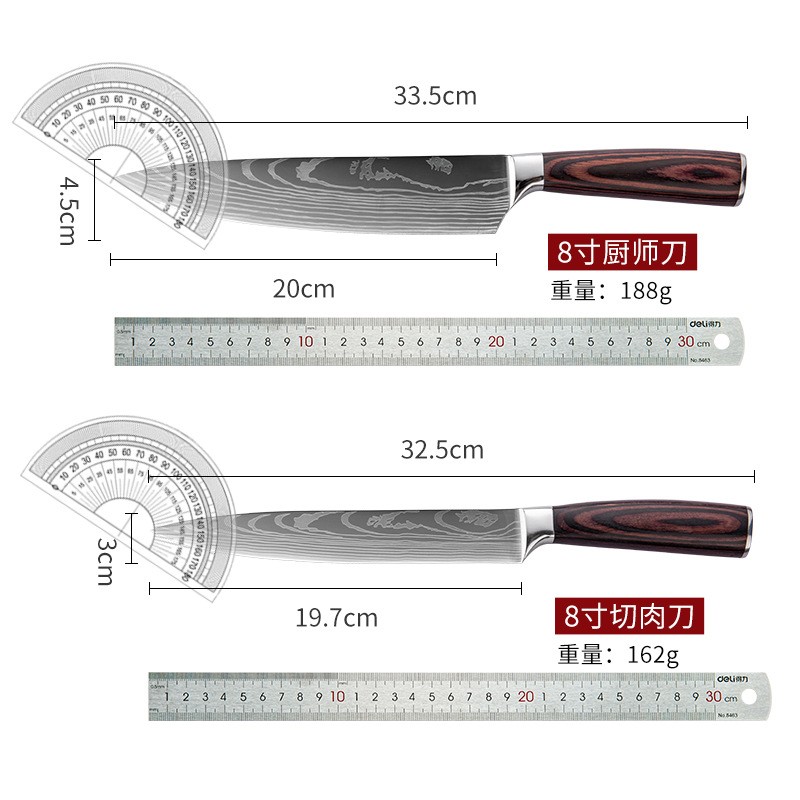 跨境大马士革纹菜刀激光纹厨师切肉刀日式料理三德刀万用刀具套装 2把起批图2