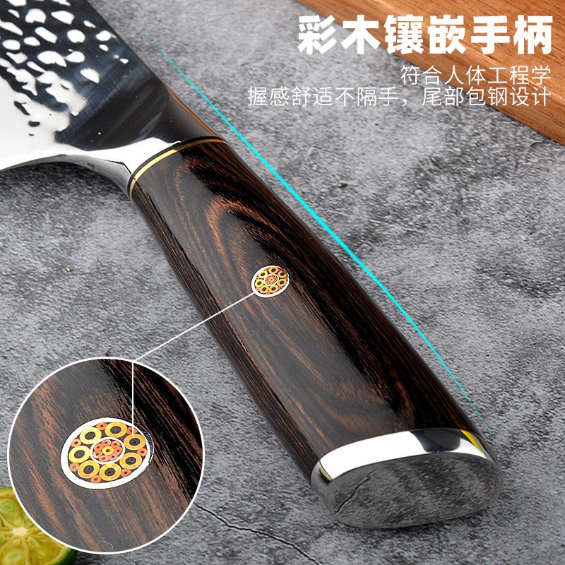 跨境现货厨房刀具双钢头锤纹锻打厨房菜刀彩木柄厨师刀鱼生切片刀 2件起批图2