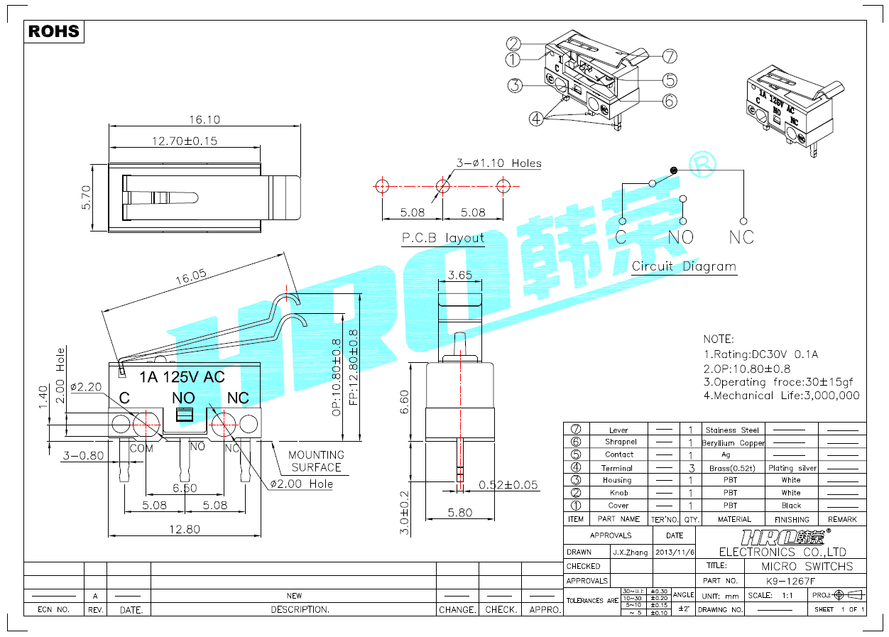 供应韩荣高寿命鼠标微动开关 防拆防盗开关 弧形按柄K9-1267F   1000个图5