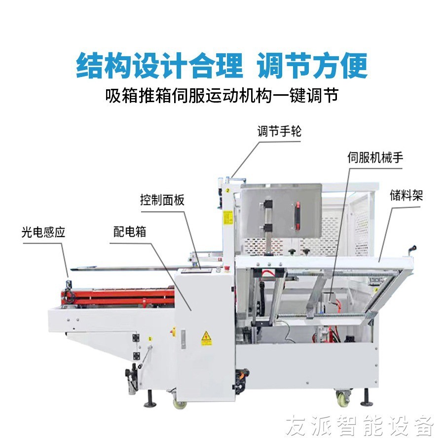 友派立式伺服高速开箱机 纸箱胶带封底机折箱成型打包发货流水线图3